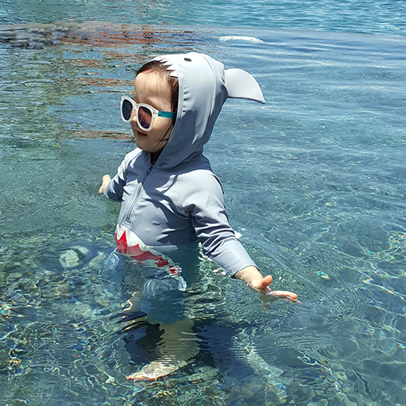 儿童泳衣男童女童连体鲨鱼防晒幼儿婴儿小童宝宝1-5岁长袖游泳装